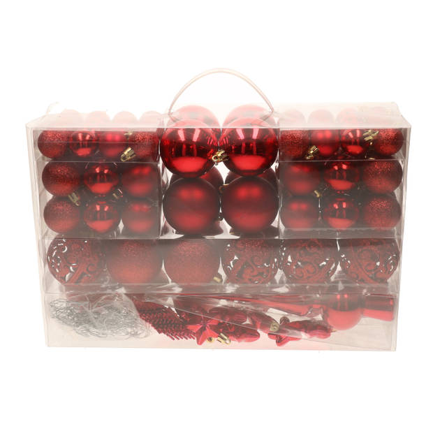 Pakket met 110x stuks kunststof kerstballen/ornamenten met piek rood - Kerstbal
