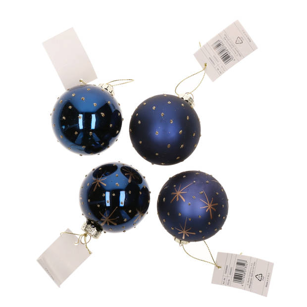 12x stuks luxe gedecoreerde glazen kerstballen blauw 6 cm - Kerstbal