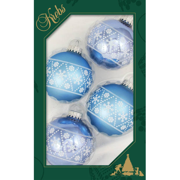 12x Glazen ijsblauwe/lichtblauwe kerstballen met witte decoratie 7 cm - Kerstbal