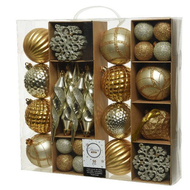 50x Gouden kerstballen en figuren 4-8-15 cm kunststof mix incl. ophanghaakjes - Kerstbal