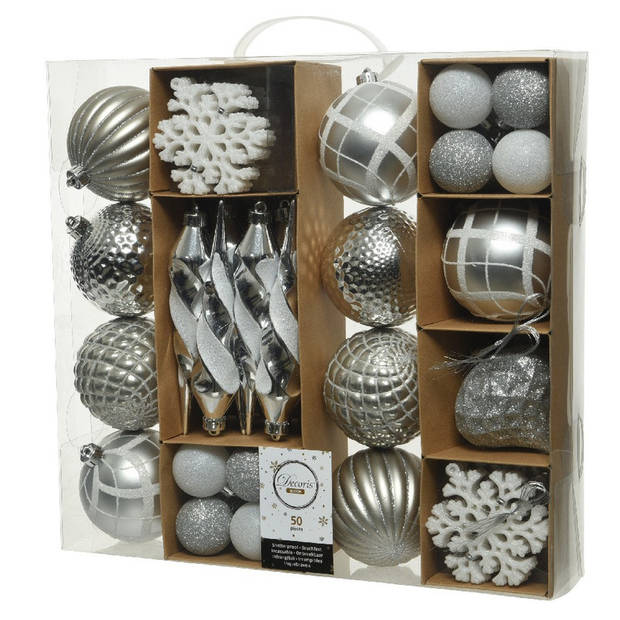 50x Zilveren kerstballen en figuren 4-8-15 cm kunststof mix incl. ophanghaakjes - Kerstbal