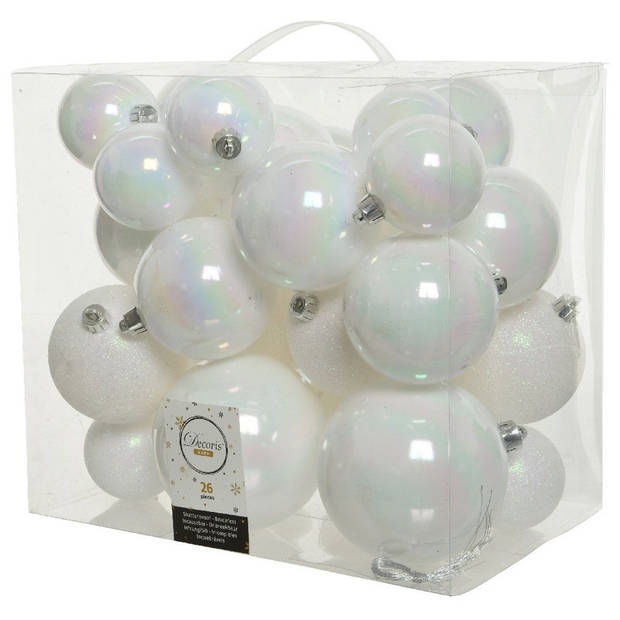 Kerstballen en dennenappels ornamenten - 32x st - parelmoer wit - kunststof - Kerstbal