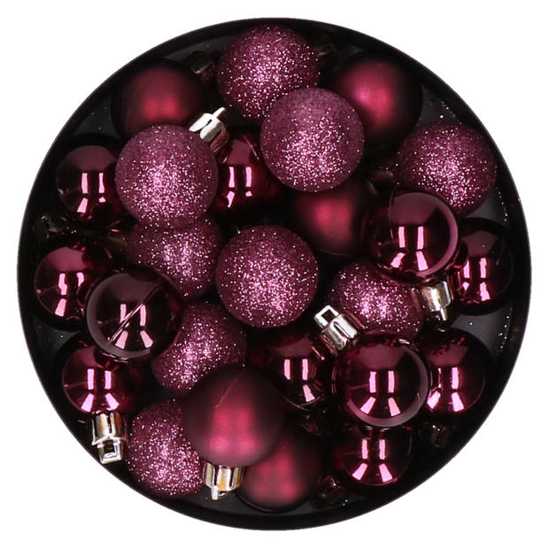 20x stuks kleine kunststof kerstballen aubergine roze 3 cm mat/glans/glitter - Kerstbal