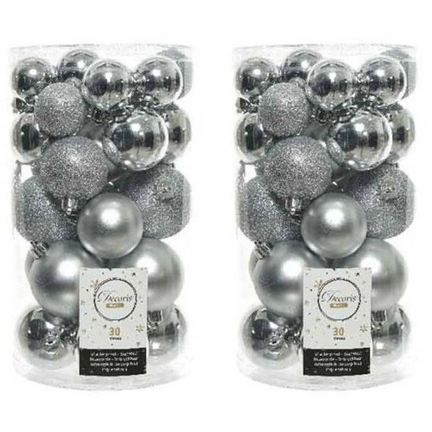 60x Kunststof kerstballen glanzend/mat/glitter zilver kerstboom versiering/decoratie - Kerstbal
