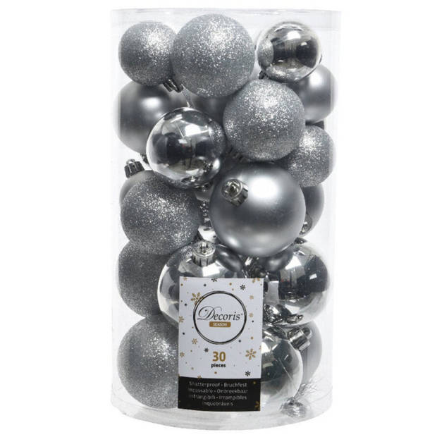 30x Kunststof kerstballen glanzend/mat/glitter zilver kerstboom versiering/decoratie - Kerstbal