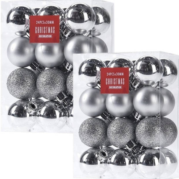 48x Glans/mat/glitter kerstballen zilver 3 cm kunststof kerstboom versiering/decoratie - Kerstbal