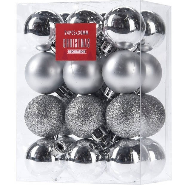 24x Glans/mat/glitter kerstballen zilver 3 cm kunststof kerstboom versiering/decoratie - Kerstbal