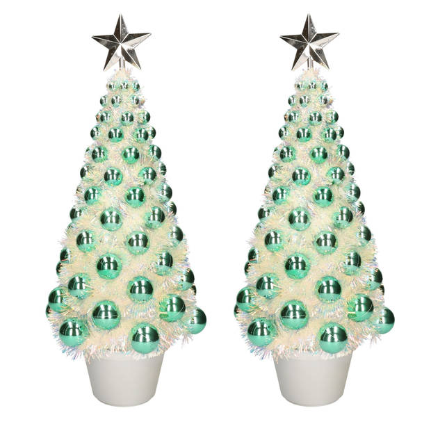 2x stuks kunstkerstbomen compleet met lichtjes en ballen groen 50 cm - Kunstkerstboom