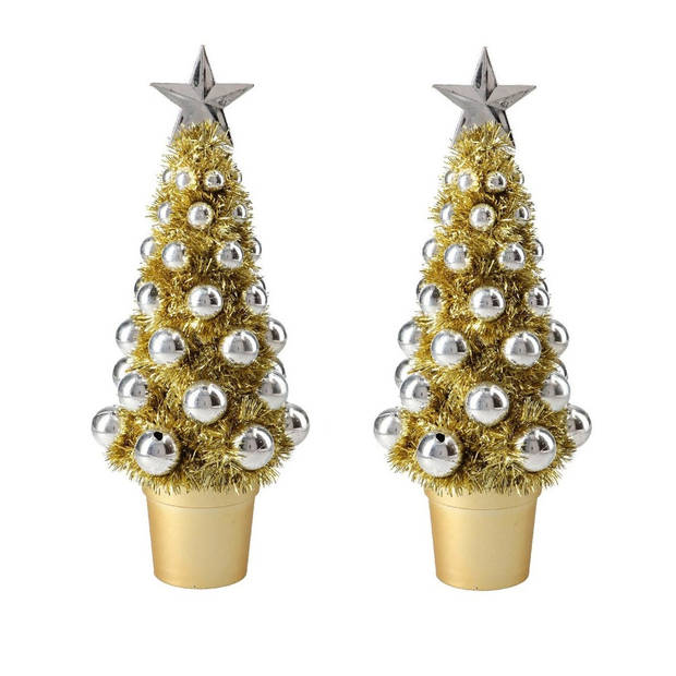 2x stuks complete mini kunst kerstboompje/kunstboompje goud/zilver met kerstballen 30 cm - Kunstkerstboom