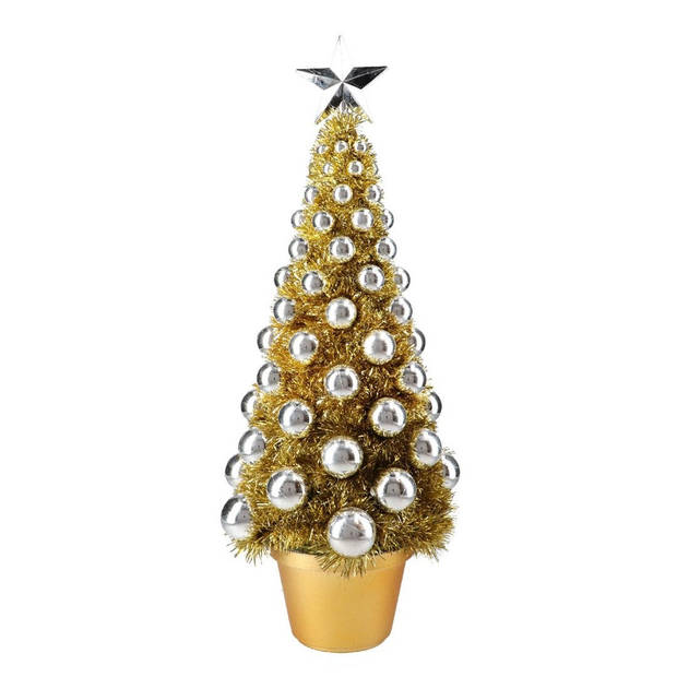 2x stuks complete mini kunst kerstboompje/kunstboompje goud/zilver met kerstballen 50 cm - Kunstkerstboom