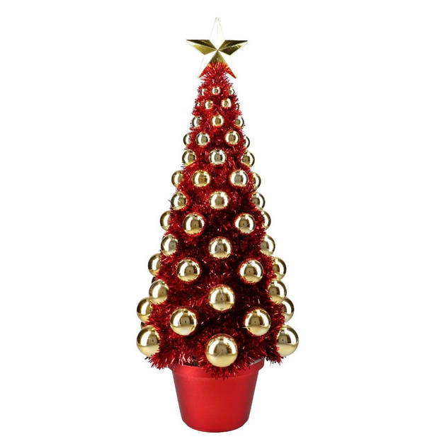 2x stuks complete mini kunst kerstboompje/kunstboompje rood/goud met kerstballen 50 cm - Kunstkerstboom