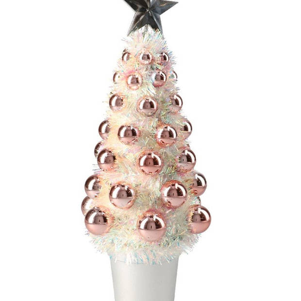 Complete mini kunst kerstboompje/kunstboompje zalm roze met kerstballen 29 cm - Kunstkerstboom