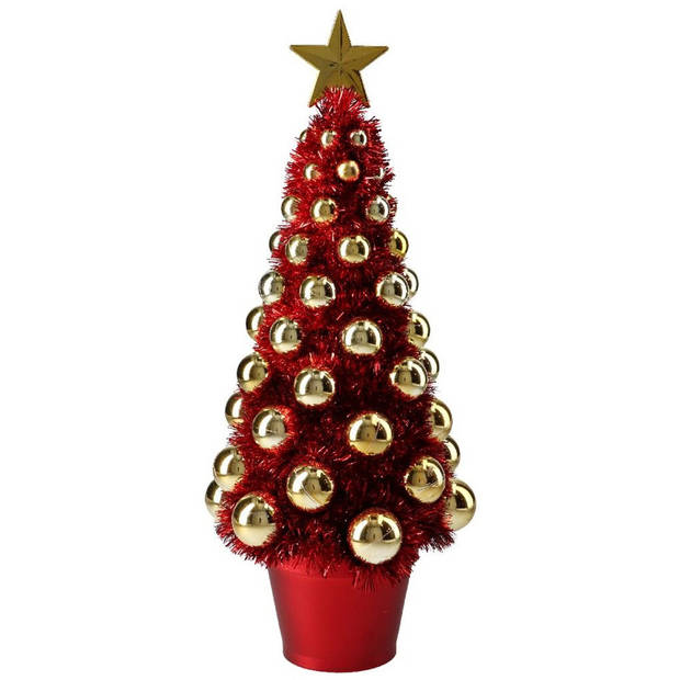 Complete mini kunst kerstboompje/kunstboompje rood/goud met kerstballen 40 cm - Kunstkerstboom
