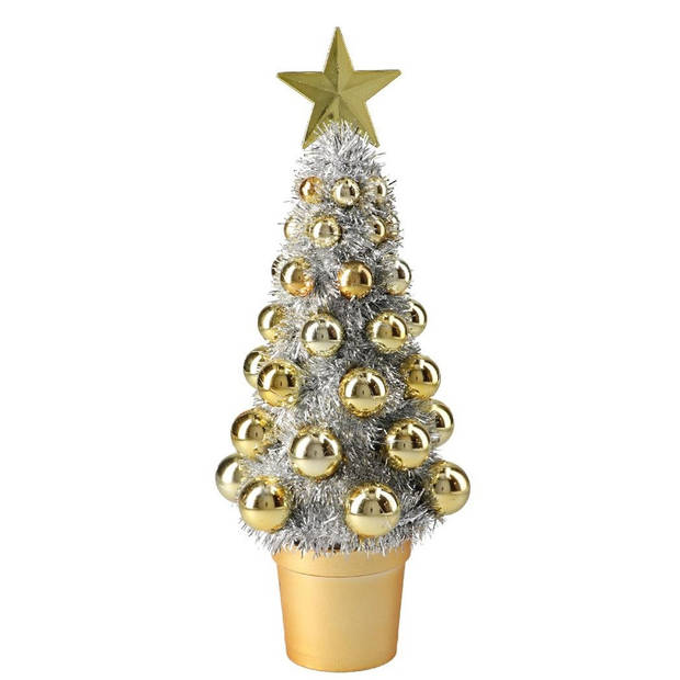 2x stuks complete mini kunst kerstboompje/kunstboompje zilver/goud met kerstballen 30 cm - Kunstkerstboom