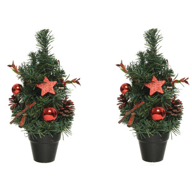 2x stuks compleet versierde miniboompjes rood 30 cm - Kunstkerstboom