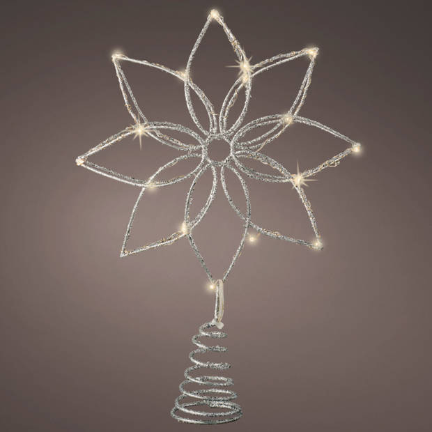 Kerstboom ster/bloem piek/topper met LED verlichting warm wit 27 cm met 20 lampjes - kerstboompieken