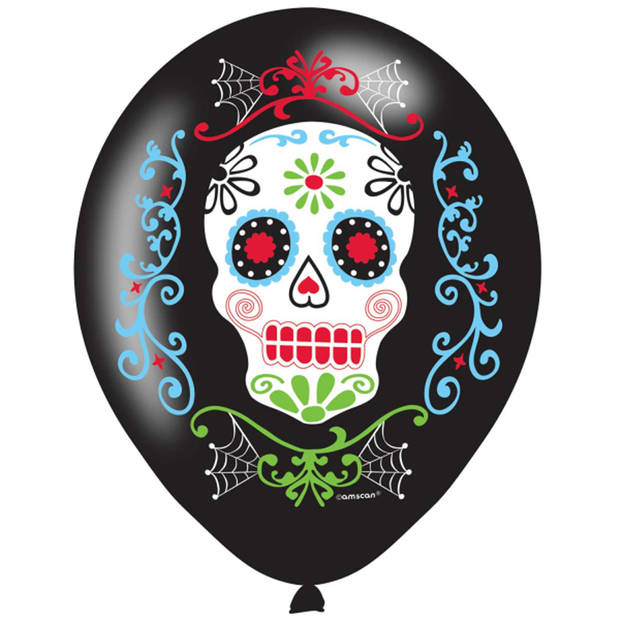 6x Zwarte horror ballonnen Day of the dead sugarskull print 27,5 cm - Ballonnen