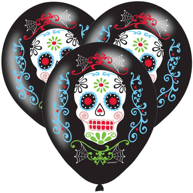 Halloween - 6x Zwarte horror ballonnen Day of the dead sugarskull print 27,5 cm - Ballonnen