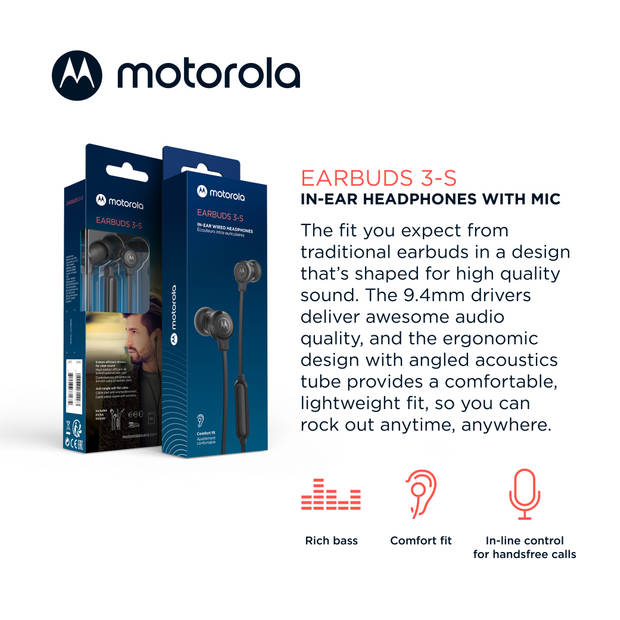 Motorola Sound In-ear koptelefoon 3-S - met Kabel - Built-in Microfoon - Zwart - Losse Oordopjes in S-M-L