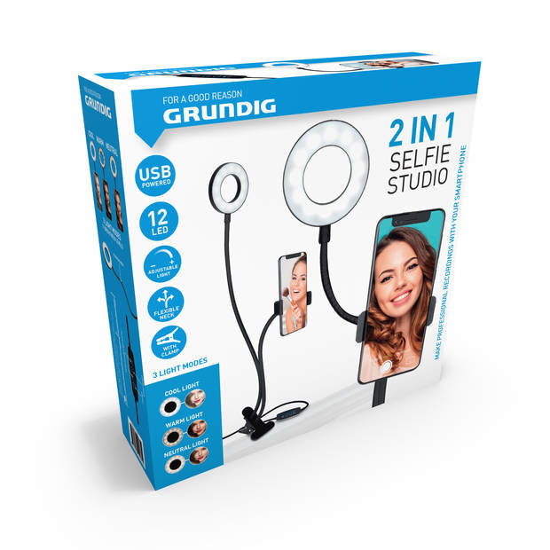 Grundig Selfie Studio Ringlamp - Ringlight - Ringlicht - Selfie Lamp - Social Media en Vlogs - met Tafelklem