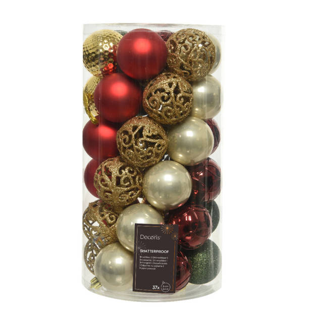 Kunststof kerstballen 37x- rood/goud/parel/groen - 6cm -en glazen piek - Kerstbal