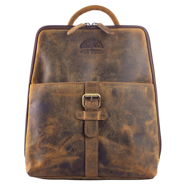 WILD WOODS Compacte Leren Dames Rugtas - Backpack / Rugzak - Buffelleer - Vintage Bruin