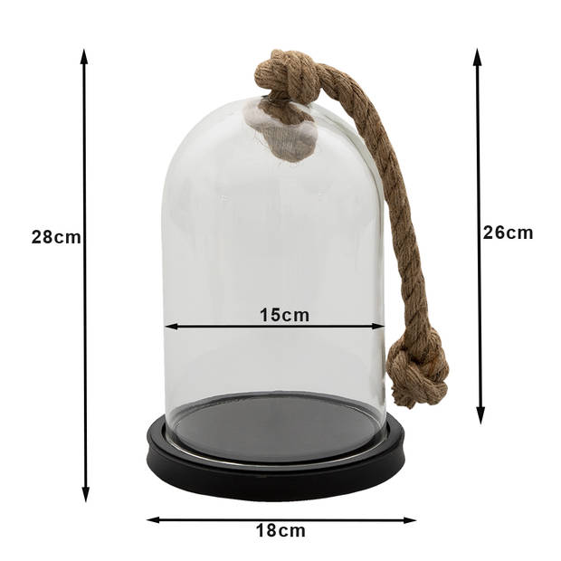 HAES DECO - Decoratieve glazen stolp met geknoop touw, zwart houten voet, diameter 17 cm en hoogte 28 cm - ST033671