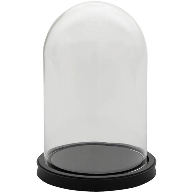 HAES DECO - Decoratieve glazen stolp met zwart houten voet, diameter 17 cm en hoogte 25 cm - ST033651