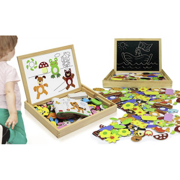 Magnetische Dieren Puzzel & Krijtbord - Alles in 1 Houten Speelbox - Multifunctioneel - 100 stukken