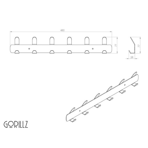 Gorillz Tiddly Kapstok -Kapstokken - Wandkapstok - 12 Kapstok haken (lengte) 48 cm - Metaal - Zwart