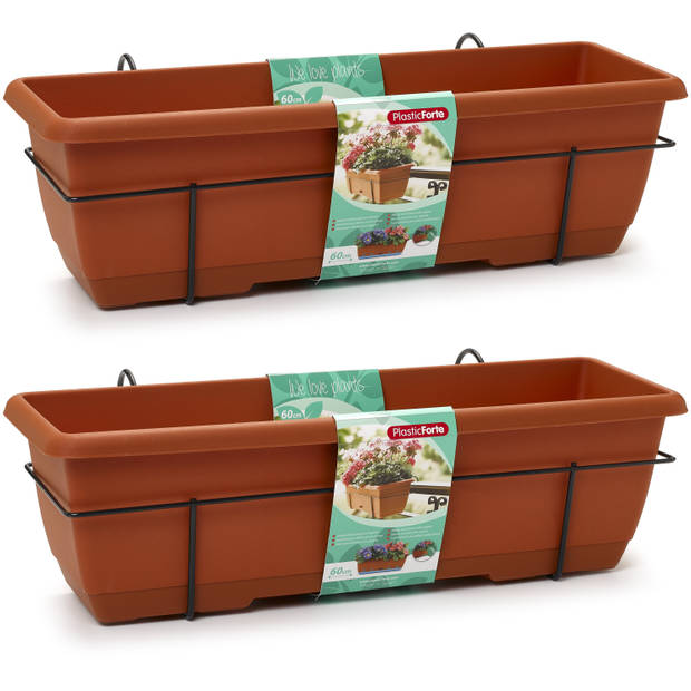 2x Balkon/schutting plantenbakken/bloembakken terracotta 60 cm met hanger - Plantenbakken