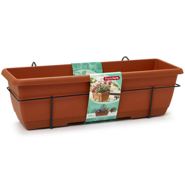 1x Balkon/schutting plantenbak/bloembak terracotta 60 cm met hanger - Plantenbakken