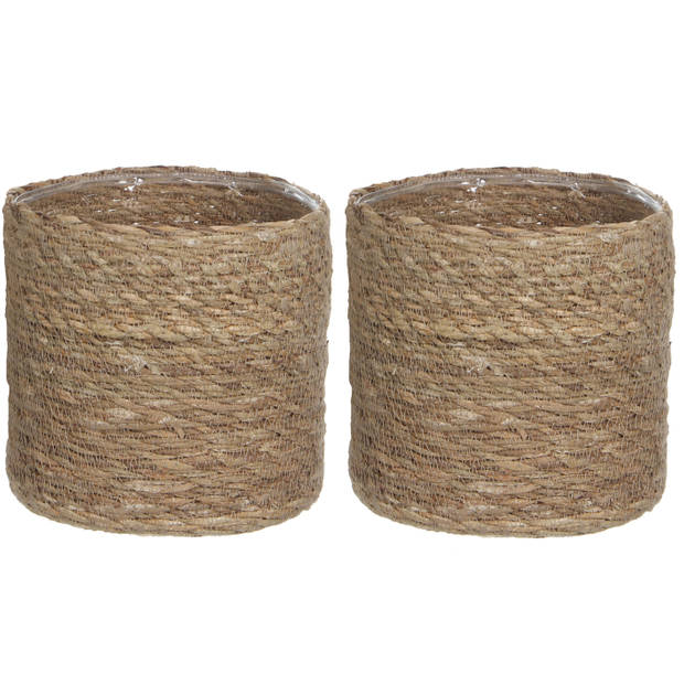 2x stuks naturel bruin rotan planten pot mand van gedraaid jute/riet H20 en D20 cm - Plantenpotten