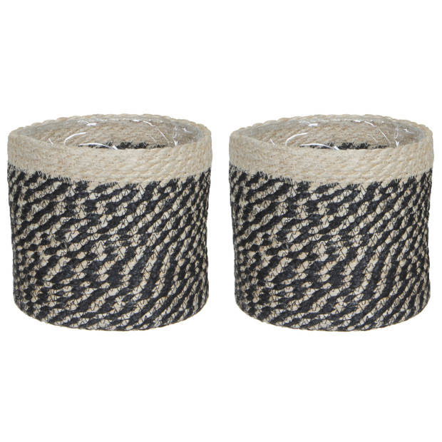 2x stuks naturel zwart rotan planten pot mand van gedraaid jute/riet H18 en D18 cm - Plantenpotten