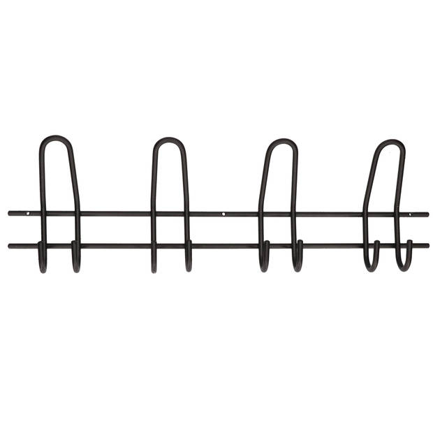 1x Zwarte garderobekapstokken / jashaken / wandkapstokken metalen kapstok met 4x dubbele brede haak 16 x 53 cm - Kapstok