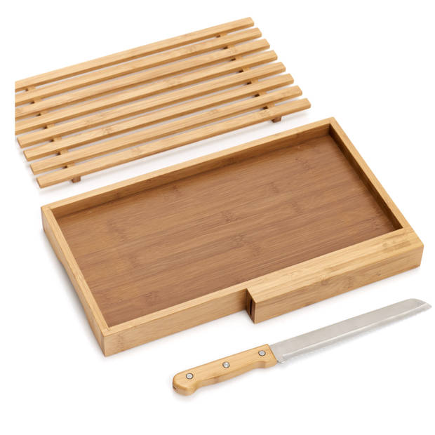 Zeller Snijplank/broodplank met kruimelbak en mes - bamboe - 40 cm - Snijplanken