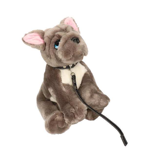 Keel Toys pluche hond grijs/witte Franse Bulldog met riem knuffel 30cm - Knuffel huisdieren