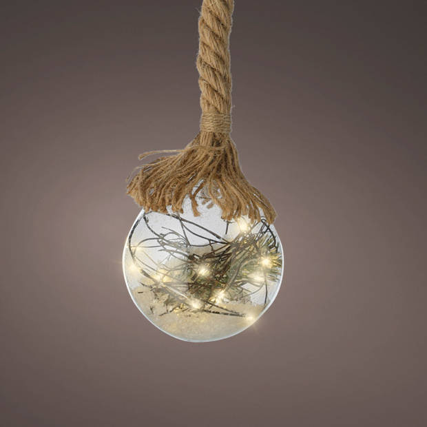 1x stuks verlichte glazen kerstballen aan touw met 30 lampjes zilver/warm wit 14 cm - kerstverlichting figuur