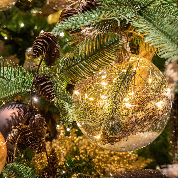 1x stuks verlichte glazen kerstballen aan touw met 30 lampjes zilver/warm wit 14 cm - kerstverlichting figuur