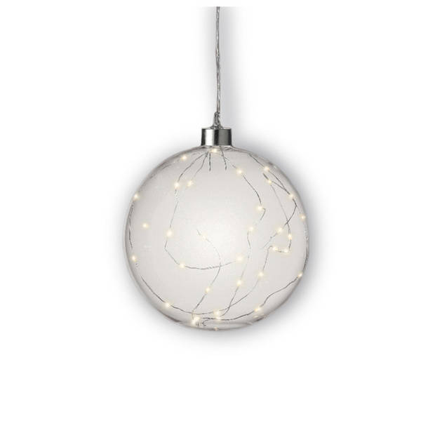 1x stuks verlichte glazen kerstballen met 30 lampjes zilver/warm wit 15 cm - kerstverlichting figuur