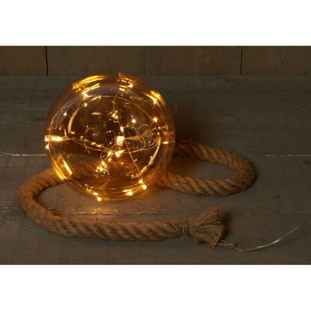 1x stuks verlichte glazen kerstballen aan touw met 15 lampjes goud/warm wit 18 cm - kerstverlichting figuur