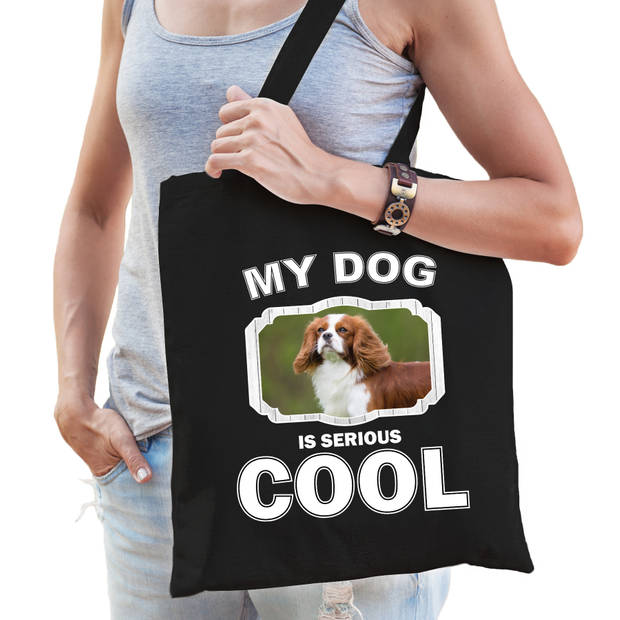 Katoenen tasje my dog is serious cool zwart - Spaniel honden cadeau tas - Feest Boodschappentassen