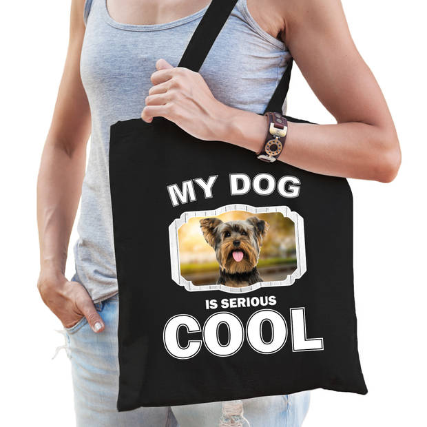 Katoenen tasje my dog is serious cool zwart - Yorkshire terrier honden cadeau tas - Feest Boodschappentassen