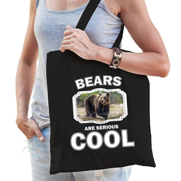 Katoenen tasje bears are serious cool zwart - beren/ bruine beer cadeau tas - Feest Boodschappentassen