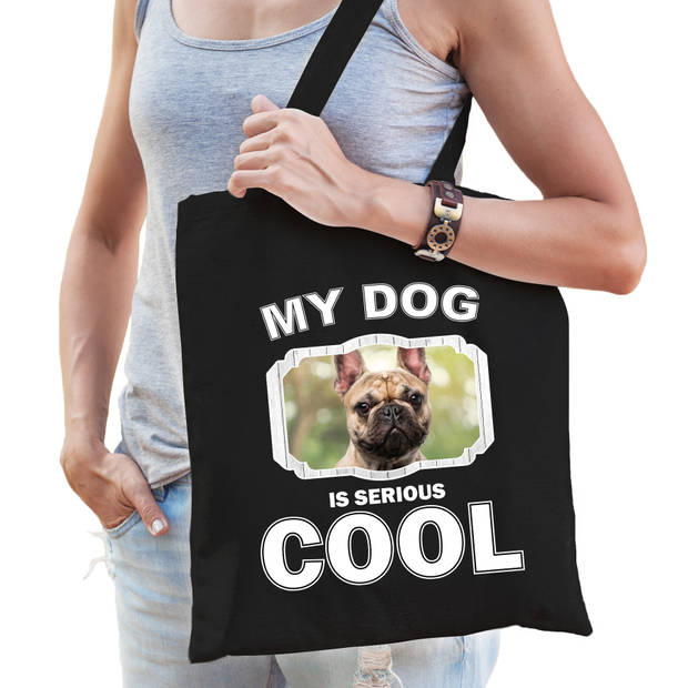 Katoenen tasje my dog is serious cool zwart - Franse bulldog honden cadeau tas - Feest Boodschappentassen