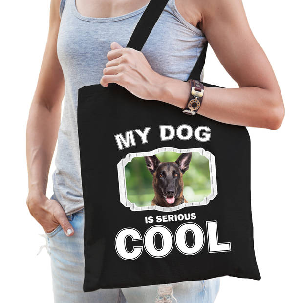 Katoenen tasje my dog is serious cool zwart - Mechelse herder honden cadeau tas - Feest Boodschappentassen