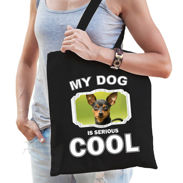Katoenen tasje my dog is serious cool zwart - Dwergpinscher honden cadeau tas - Feest Boodschappentassen
