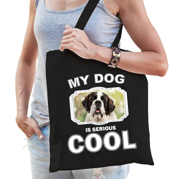 Katoenen tasje my dog is serious cool zwart - Sint bernard honden cadeau tas - Feest Boodschappentassen
