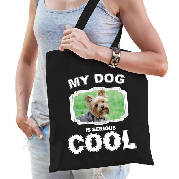 Katoenen tasje my dog is serious cool zwart - Yorkshire terrier honden cadeau tas - Feest Boodschappentassen