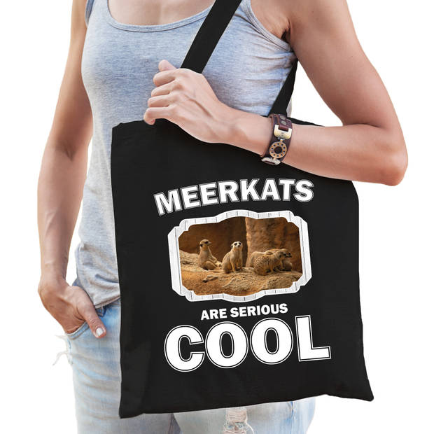 Katoenen tasje meerkats are serious cool zwart - stokstaartjes/ stokstaartje cadeau tas - Feest Boodschappentassen